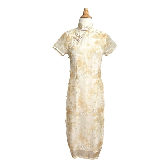 YUFEI Traditional Chinese Cheongsam Dress Pale Yellow Organza MIDI Embroidered M - Picture 1 of 15